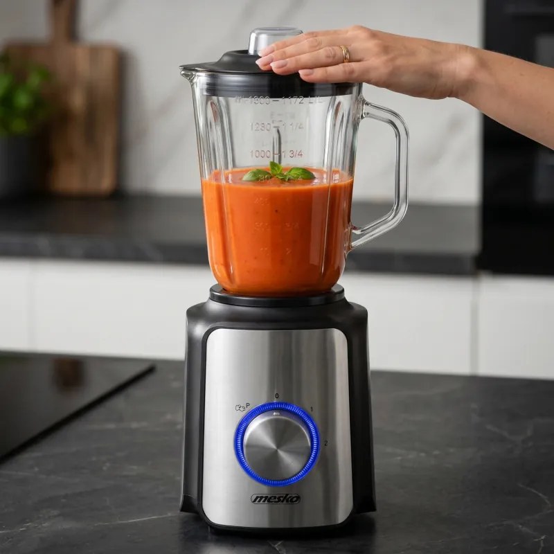 Blender Mesko MS 4080, 1200 W, 1,5 l, 21 000 rpm, 6 lame, 2 viteze + funcție puls, capac cu orificiu, inox/negru