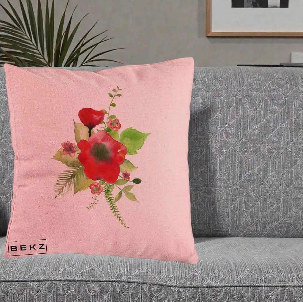 Perna Decorativa Buchet Rosu Acuarela, 40x40 cm, Roz, Husa Detasabila, Perna Inclusa, BEKZ®