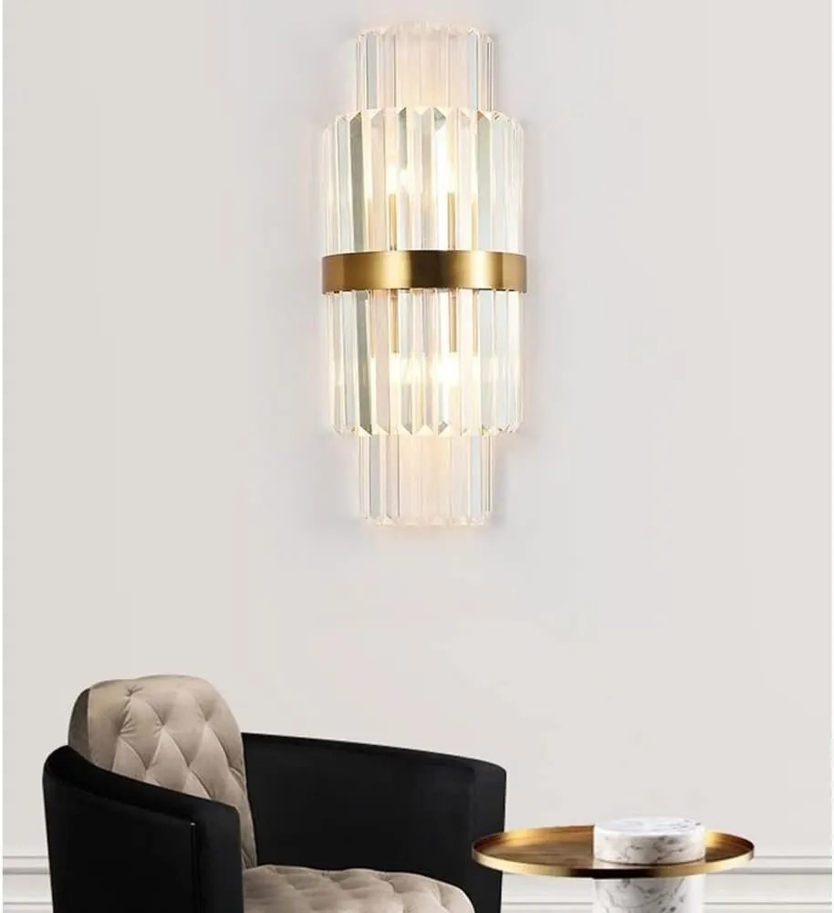 Aplică Aurie cu Cristale – 2 Fasunguri E14, Design Elegant din Metal și Cristal, 36×20×10 cm