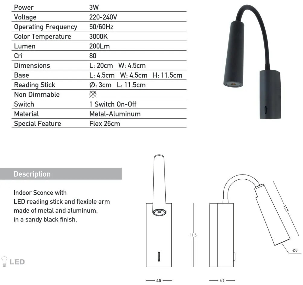 Aplica LED de perete cu brat flexibil Minimal II negru