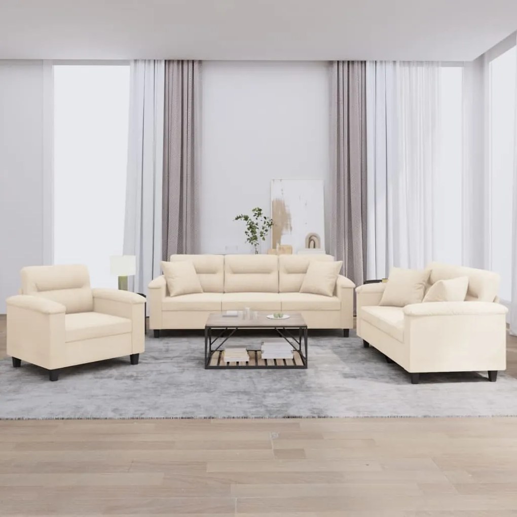 vidaXL Set de canapele cu perne, 3 piese, bej, microfibră