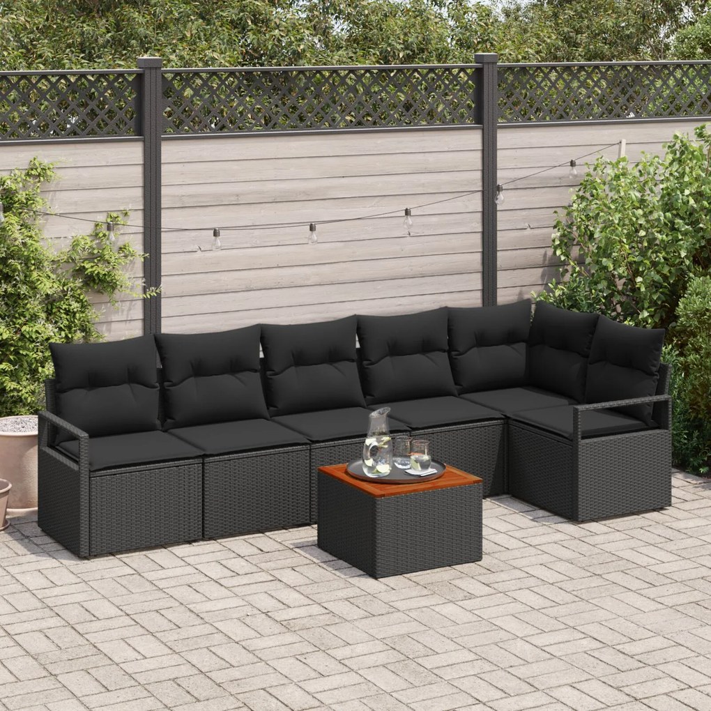 vidaXL Set de canapea de grădină, 7 piese, marca , cu perne negre, din ratan poliester și acacia.