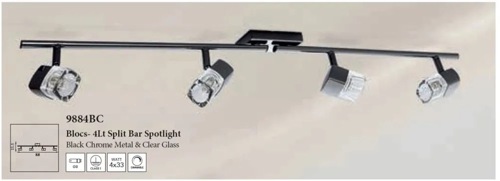 Plafoniera crom negru cu 4 spoturi sticla Blocs