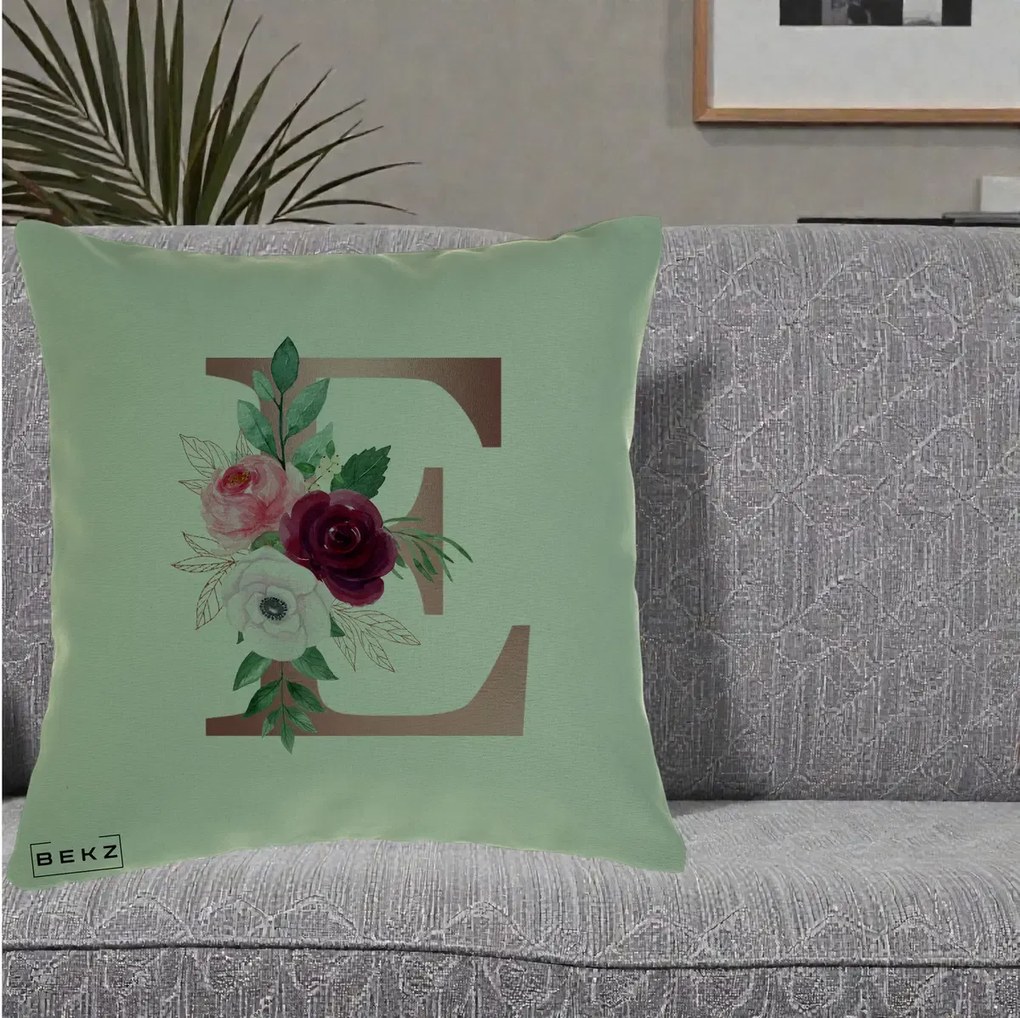 Cadou Personalizat - Perna Personalizata Monograma Rose Gold Litera E, 40x40 cm, Verde, Husa Detasabila, Perna Inclusa, BEKZ®