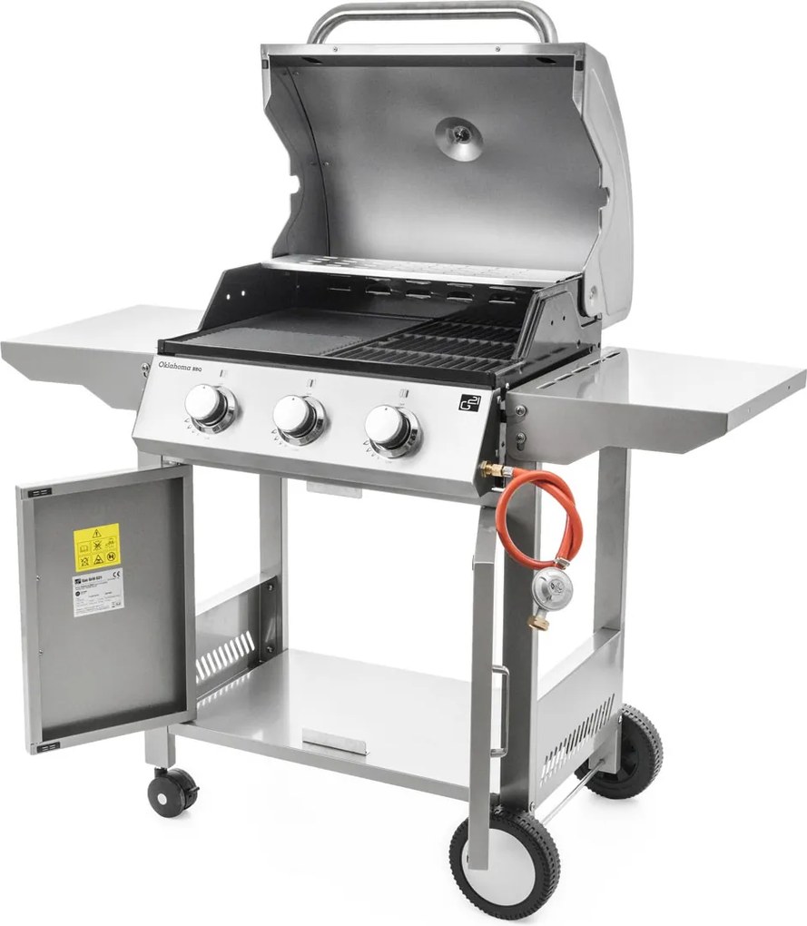 Grătar pe gaz OKLAHOMA BBQ, 3 arzătoare, cu regulator de presiune, argintiu Penta CZ
