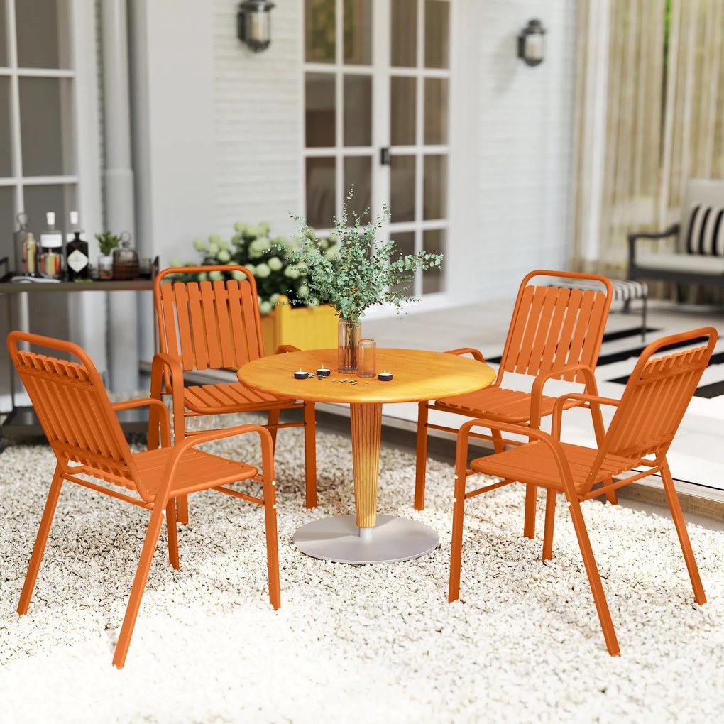 Outsunny Set de 4 Scaune de Grădină Stivuibile cu Spătar Înalt și Brațe, 56x66x91 cm, Maro Închis | Aosom Romania