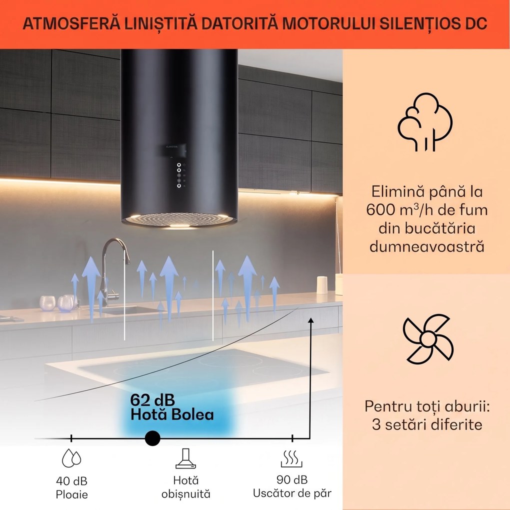 Klarstein Bolea, hota tip insulă, Ø38cm, mod de recirculare/extracție a aerului, 651m³/h, LED, inclusiv filtre de cărbune activ