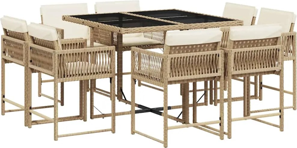 vidaXL Set de masă pentru grădină, 9 piese, cu perne, bej, poliratan