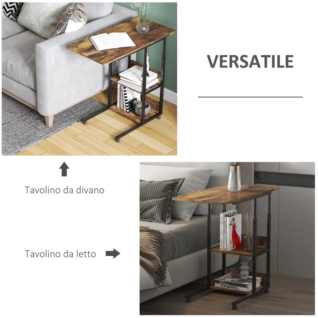 HOMCOM Măsuță de Sufragerie Noptieră Reglabilă în Înălțime Design Rustic Maro | Aosom Romania