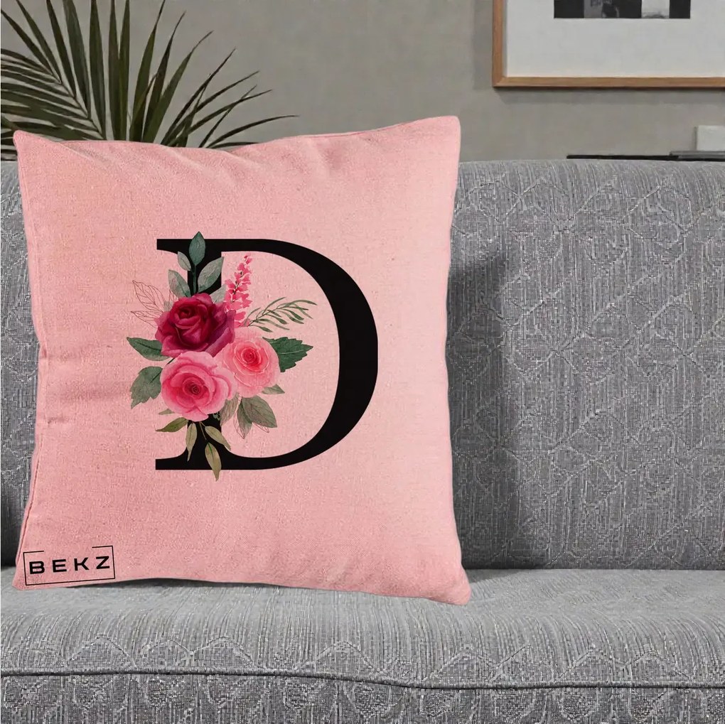 Cadou Personalizat - Perna Personalizata Monograma Florala Litera D, 40x40 cm, Roz, Husa Detasabila, Perna Inclusa, BEKZ®