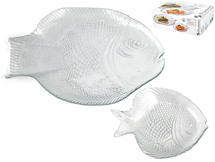 Set platou si 6 farfurii, forma peste, Pasabahce, sticla