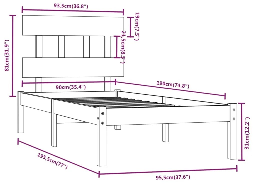 Cadru de pat Single 3FT6, 90x190 cm, lemn masiv Maro, 90 x 190 cm