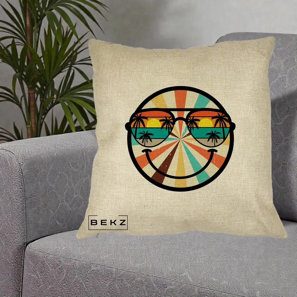 Perna Decorativa Smiley Face Retro Sunset Palmieri, 40x40 cm, Crem, Husa Detasabila, Perna Inclusa, BEKZ®