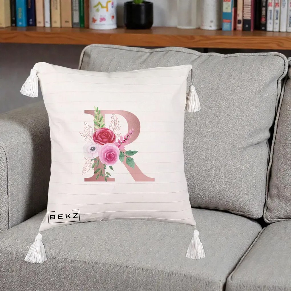 Cadou Personalizat - Perna Personalizata Monograma Rose Gold Litera R, 40x40 cm, Bej cu Franjuri, Husa Detasabila, Perna Inclusa, BEKZ®