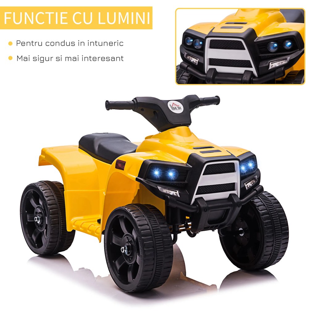 ATV electric pentru copii cu lumini si claxon 6V, 3 km/h, 18-36 luni, Negru/Galben HOMCOM | Aosom Romania