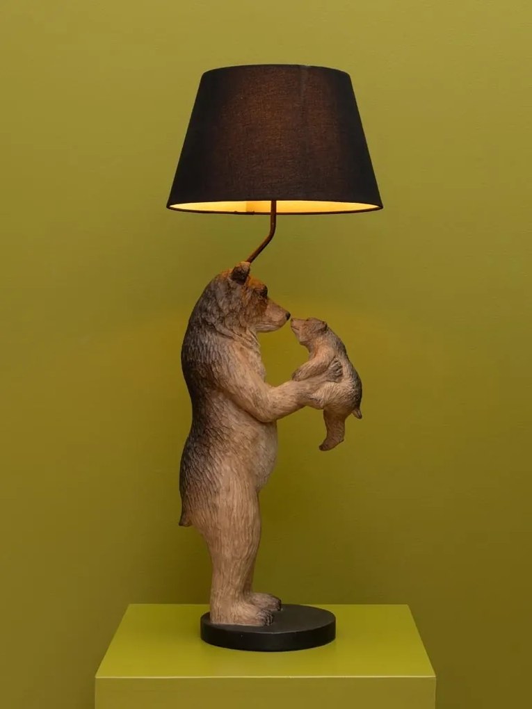 Lampă de masă din bumbac negru, cu structură din rășină maro în formă de urs cu pui, finisaj patinat, 60×36 cm, „Grizzly"