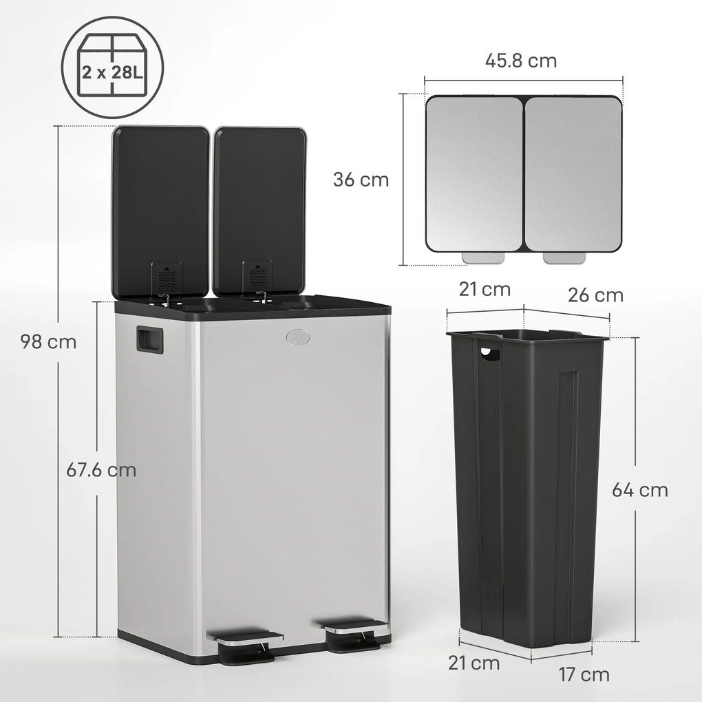 HOMCOM Coș de Gunoi cu Pedală, 2 x 20L, din Oțel, cu Capace Silențioase și Găleți Interioare Detașabile, Argintiu | Aosom Romania