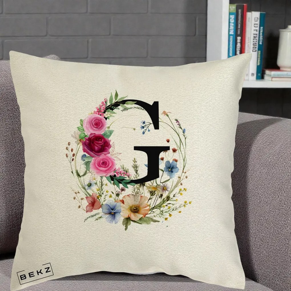 Cadou Personalizat - Perna Personalizata Monogram Litera G cu Flori Acuarela, 40x40 cm, Ecru, Husa Detasabila, Perna Inclusa, BEKZ®