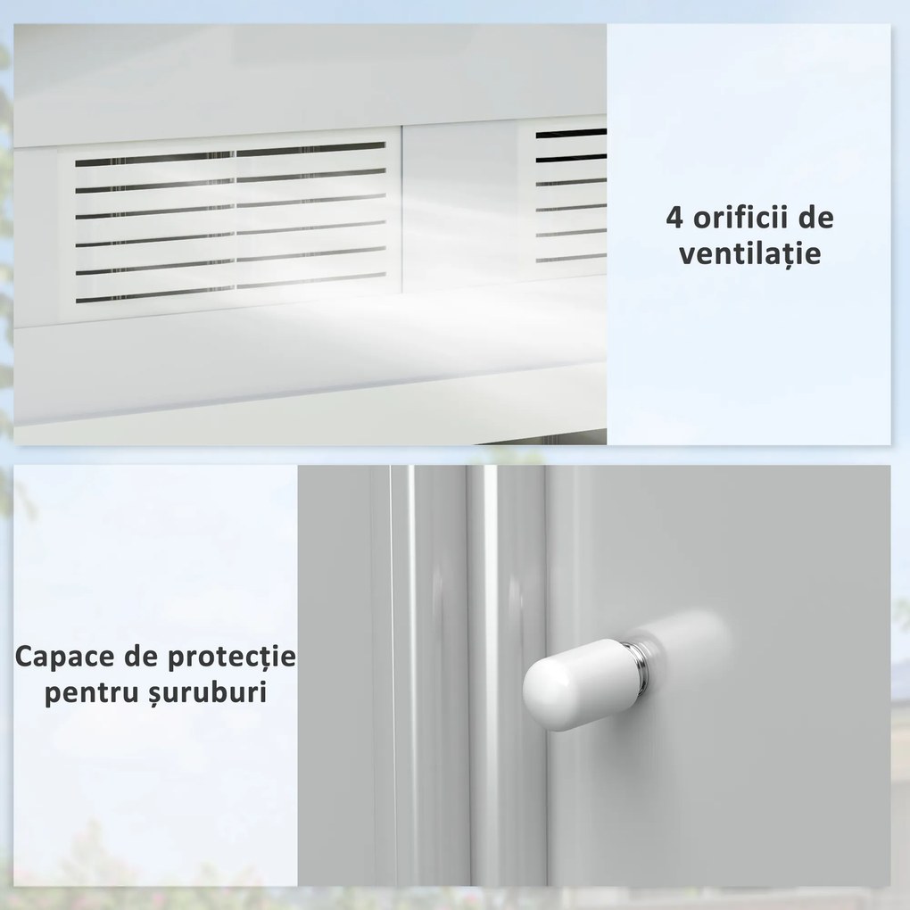 Sopron de gradina din tabla de otel, casuta de gradina cu usi glisante, pentru depozitare si organizare 213x130x185 cm, alb Outsunny | Aosom Romania