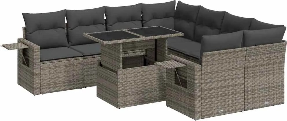 vidaXL Set canapele de grădină, 9 piese, cu perne, gri, poliratan