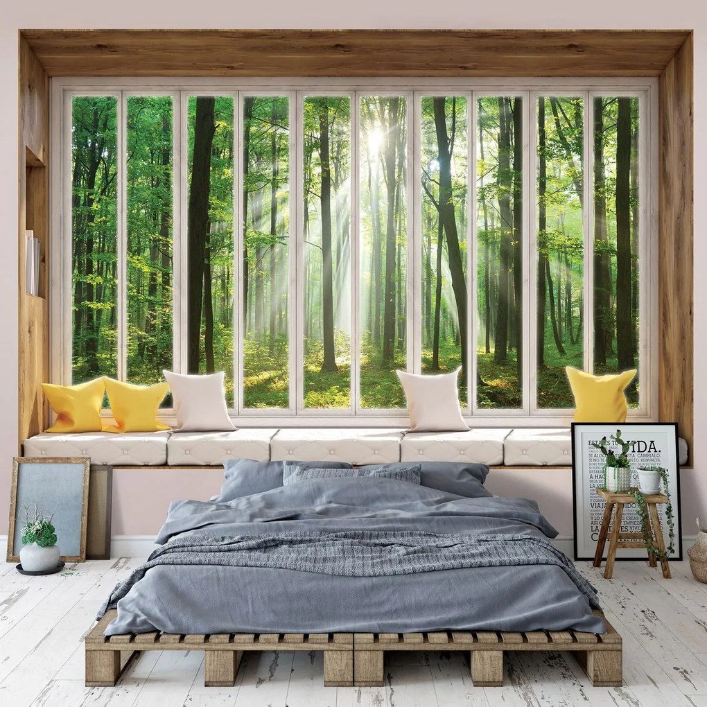 Fototapet - Privire din geam spre pădure (152,5x104 cm)