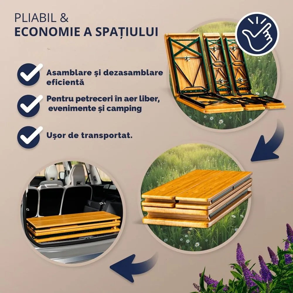 Set de masă pentru bere MAXI pliabil, 220cm, maro natural Jurhan