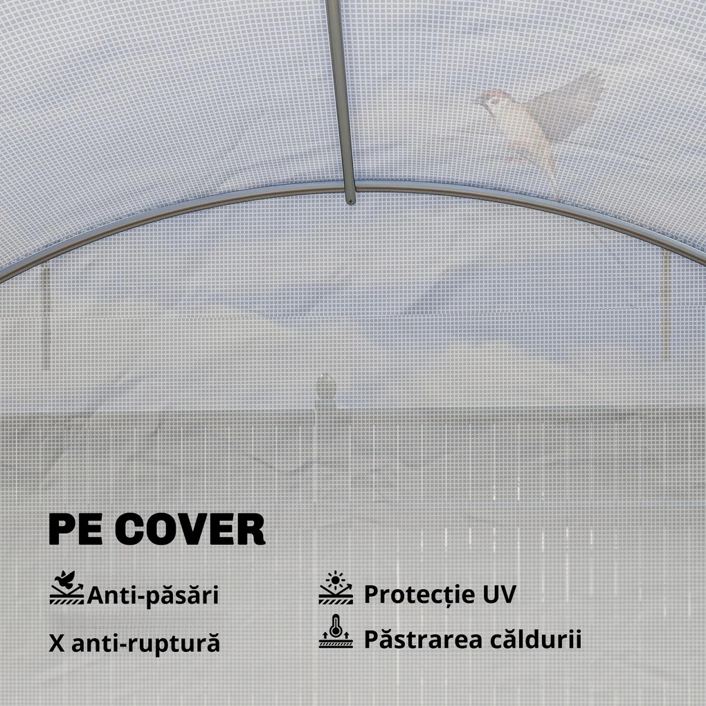 Outsunny Seră tunel cu 2 bare de susținere, 2 uși rulante și ferestre cu plasă, învelitoare din PE anti-UV, alb | Aosom Romania