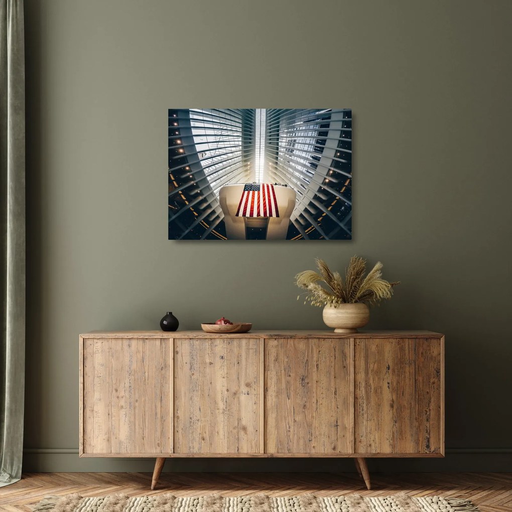 Tablou pe sticlă unei construcții cu steagul SUA (70x50 cm)