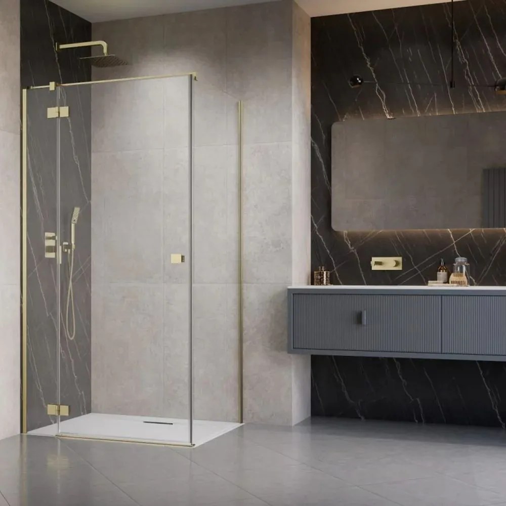 Cabina de dus dreptunghiulara cu usa batanta Radaway Essenza KDJ 120x80 cm finisaj auriu periat-transparent stanga