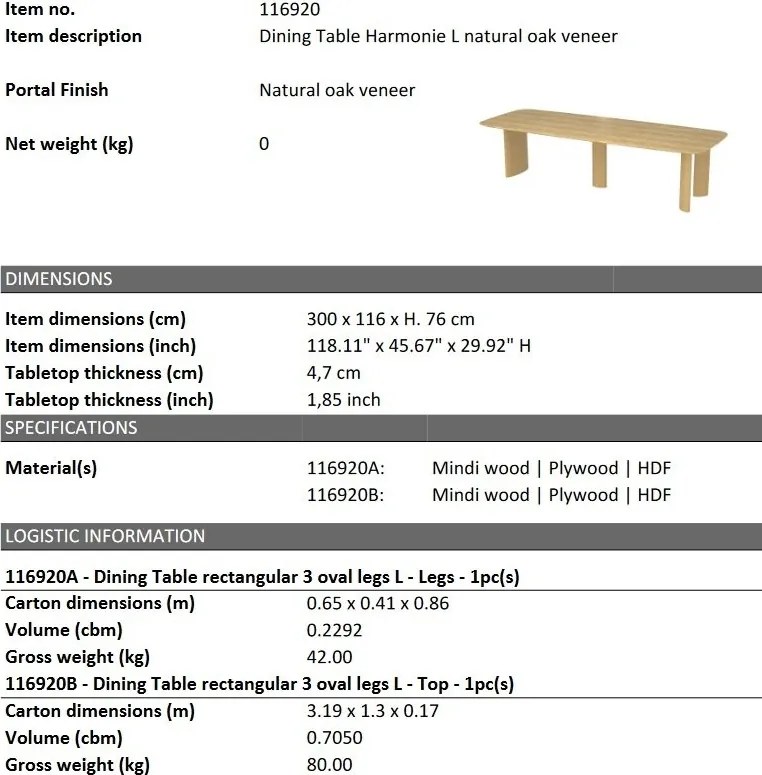 Masa dining moderna design LUX Harmonie L natur 300x116cm