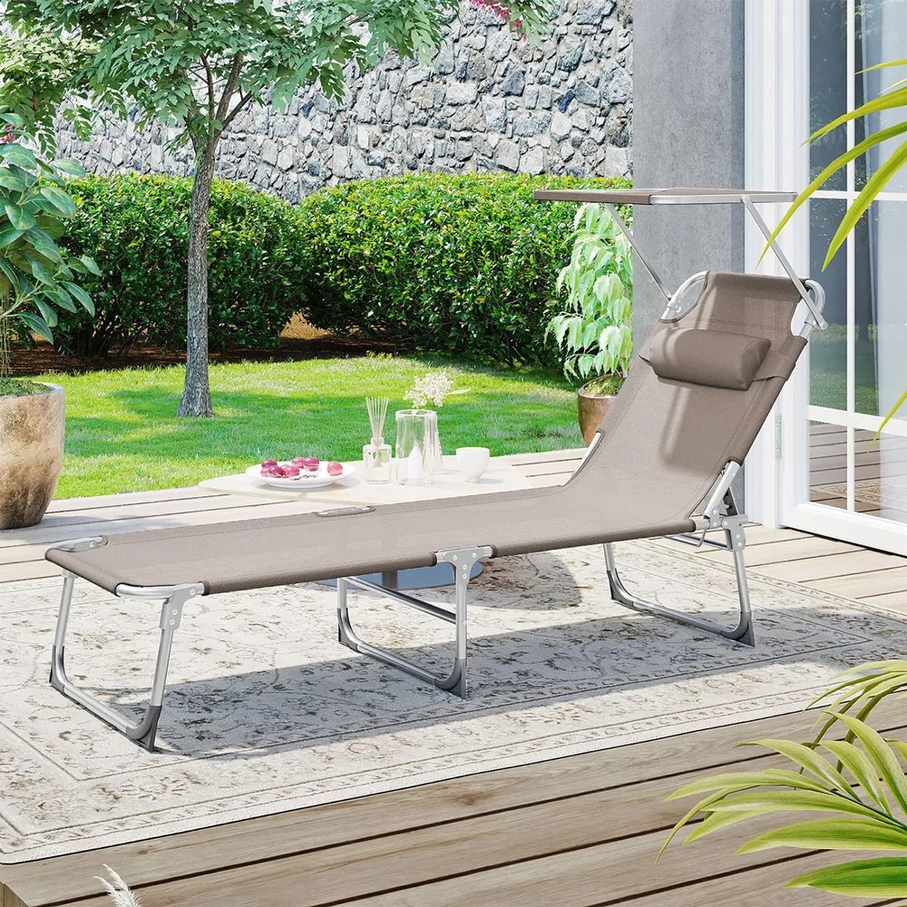 Șezlong de grădină LAGUNA cu copertină reglabilă, 193x59x30cm, maro-gri (taupe) SongmicsHome