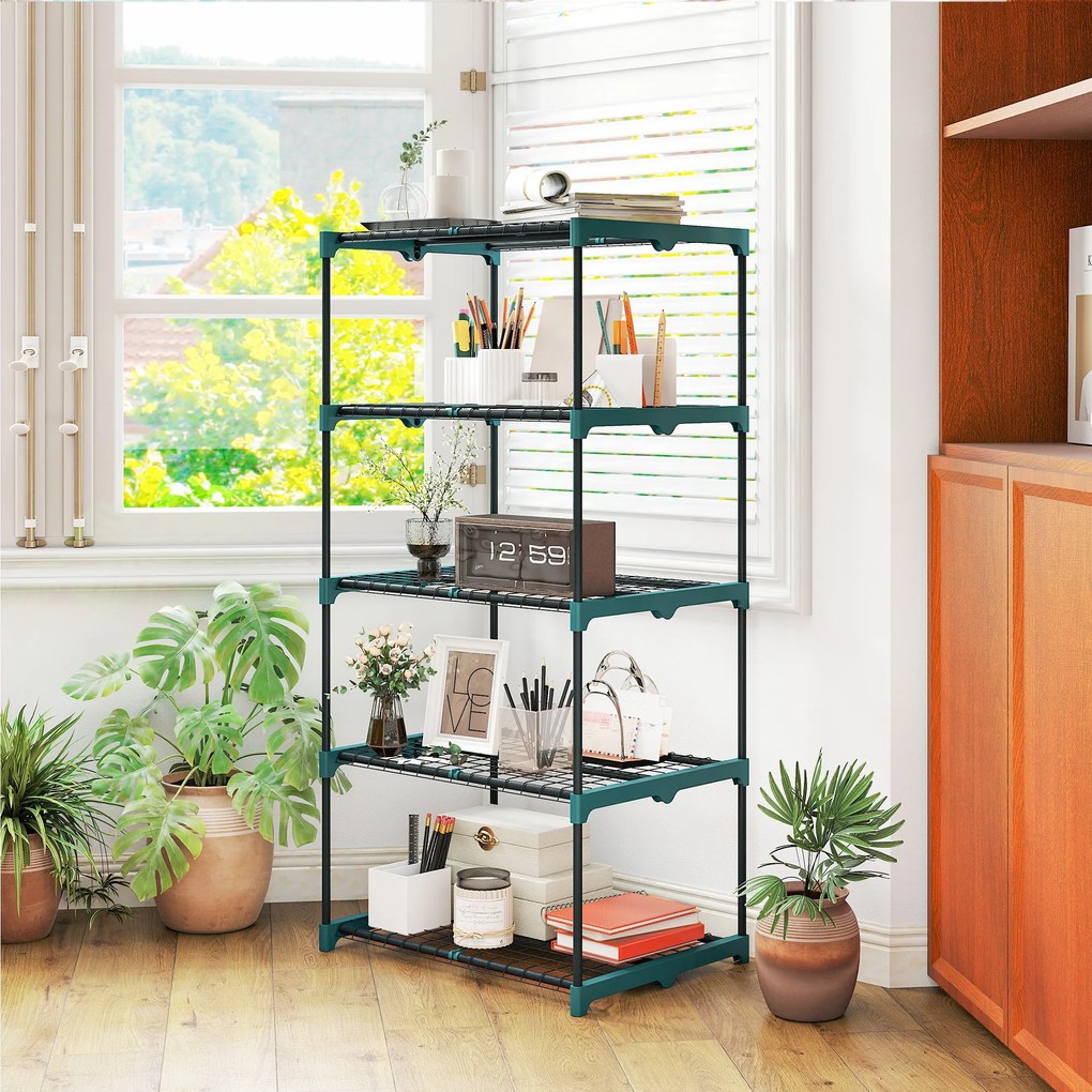 Outsunny Suport pentru Plante Vertical cu 5 Niveluri din Oțel și Plastic, Suport Ghivece pentru Interior și Exterior Grădină Balcon, 67x49x138 cm, Verde Închis | Aosom Romania