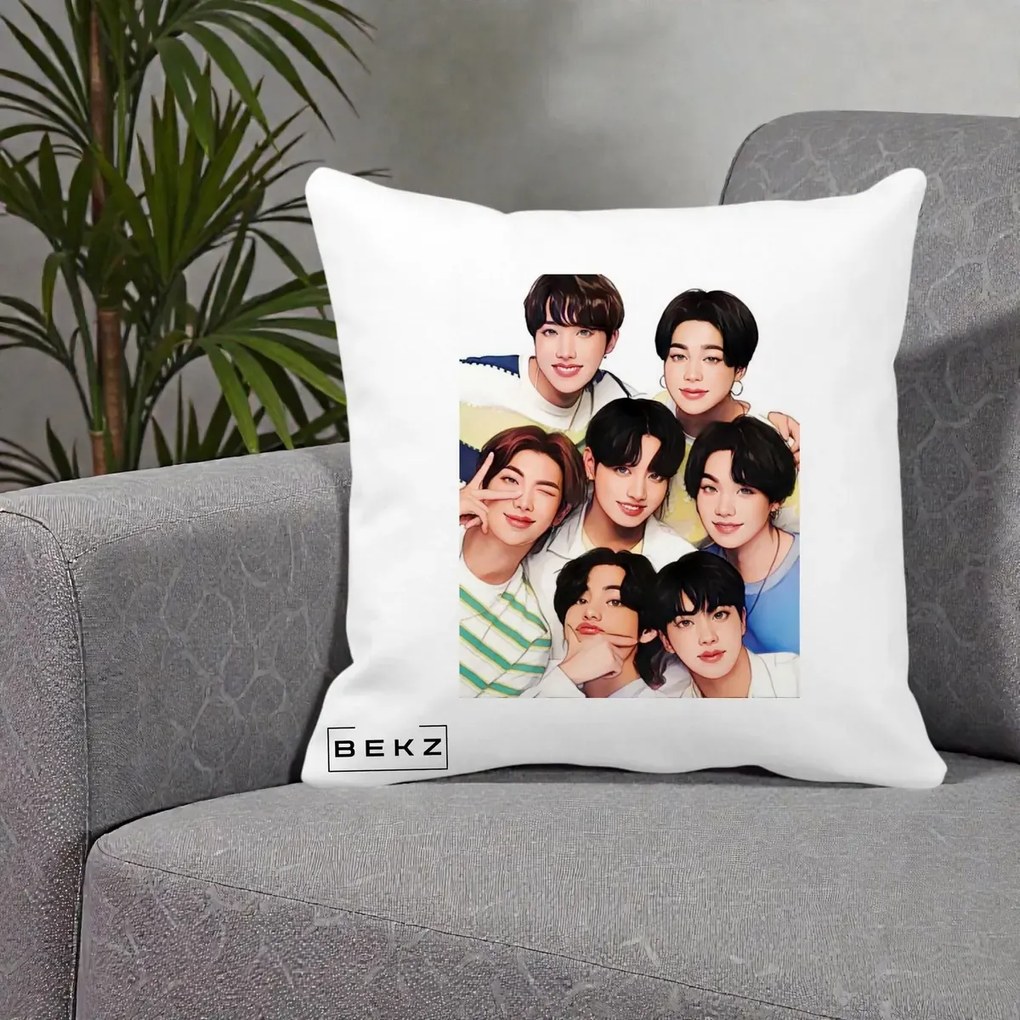 Perna Personalizata K-pop BTS Bangtan Boys Portret Grup Fanart, 40x40 cm, Alba Mata, Husa Detasabila, Perna Inclusa, BEKZ®
