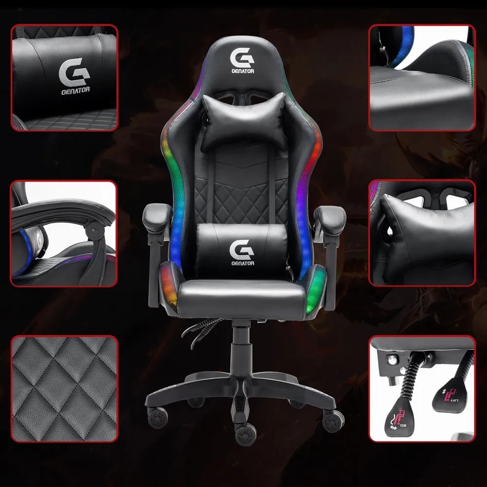 Scaun de gaming cu LED, masaj în perna lombară, design Racing, funcție recliner, telecomanda, Negru
