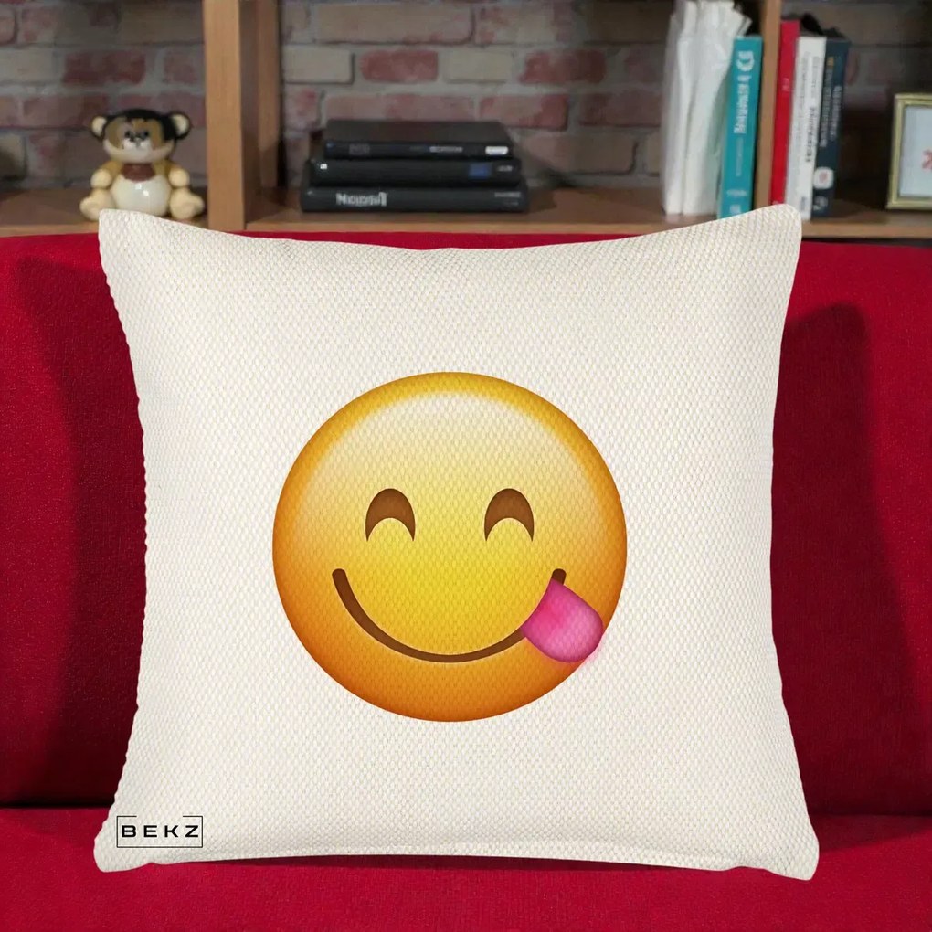 Perna Decorativa Emoji Limba Scoasa, 40x40 cm, Crem Reliefat, Husa Detasabila, Perna Inclusa, BEKZ®