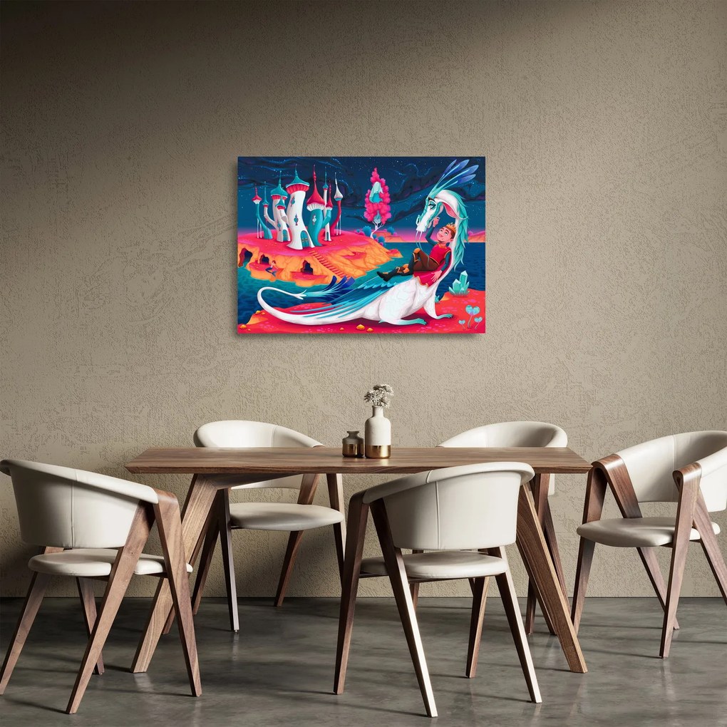 Tablou pe sticlă - Prinț și prințesa cu dragon (70x50 cm)