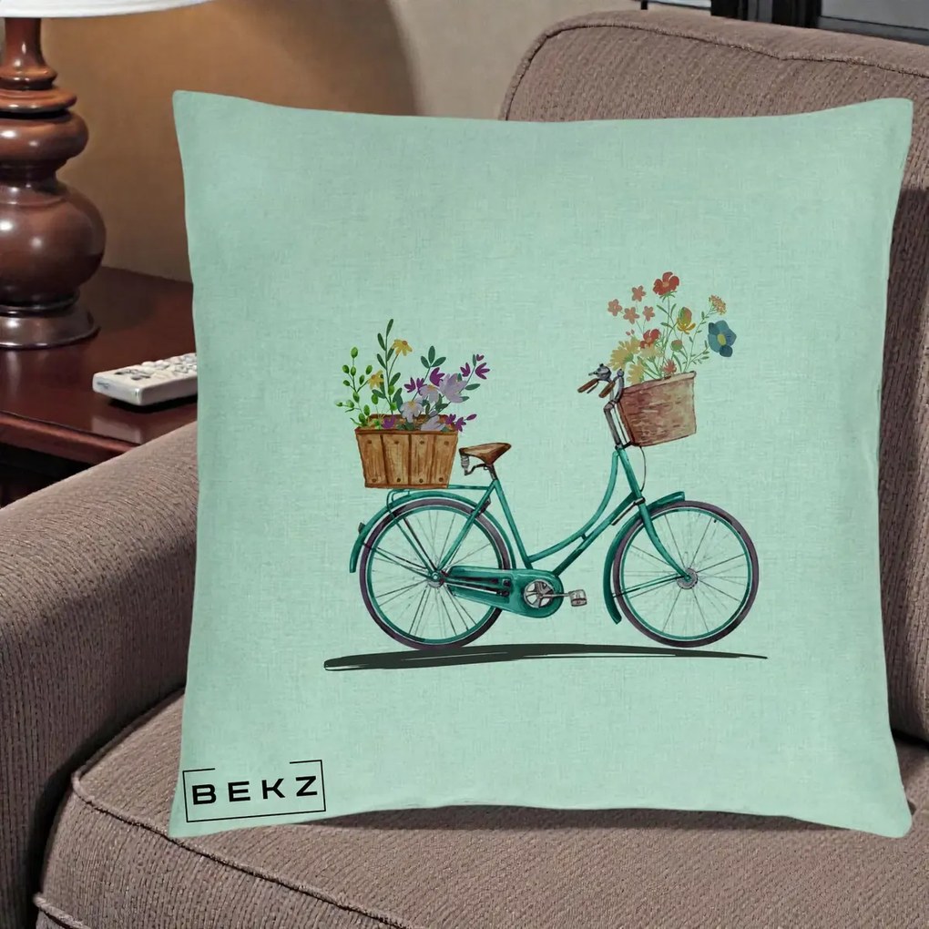 Perna Decorativa Bicicleta Florala Turcoaz Acuarela, 40x40 cm, Verde Menta, Husa Detasabila, Perna Inclusa, BEKZ®