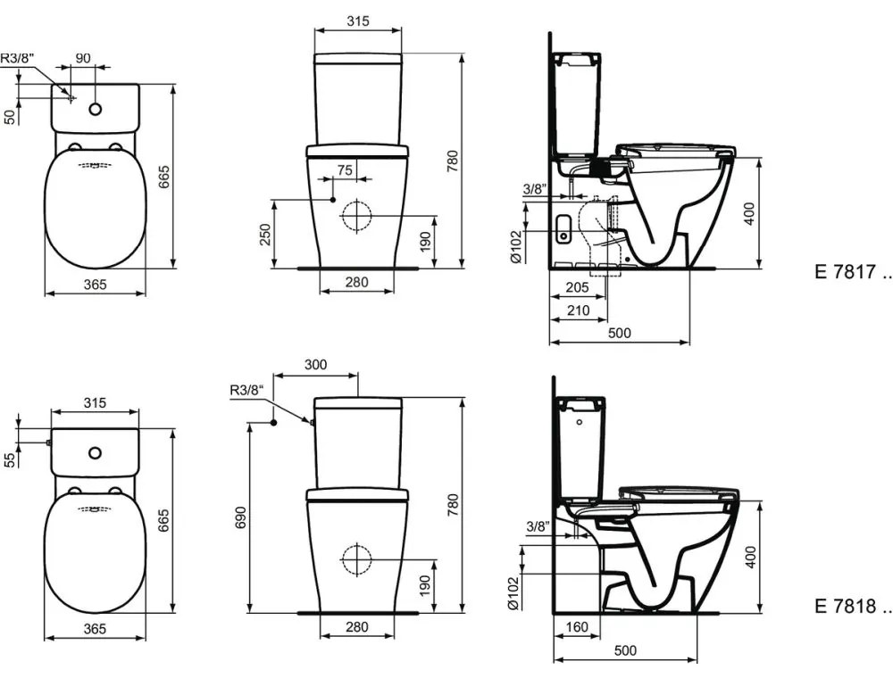 Vas wc stativ Ideal Standard Connect cu functie bideu alb lucios back to wall