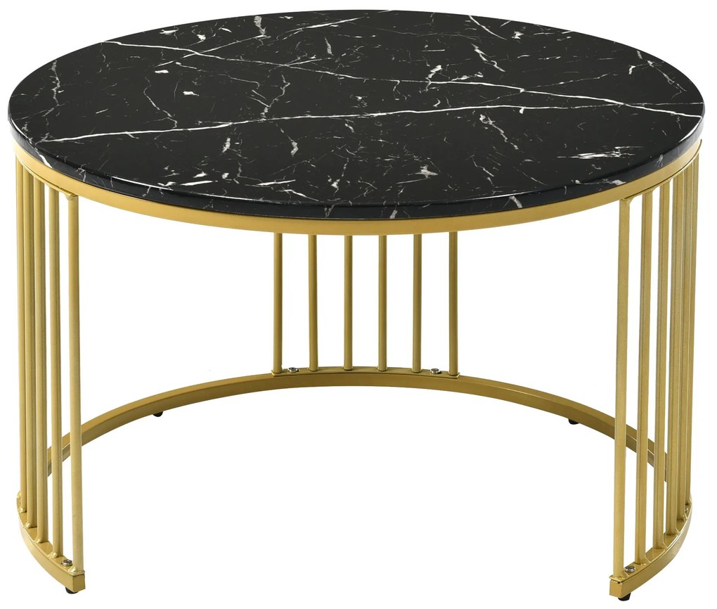 Set de 2 Măsuțe de Cafea Moderne, cu Blat cu Efect de Marmură și Cadru Metalic Auriu, Dimensiuni 70x70x47 cm și 45x45x40 cm, Negru