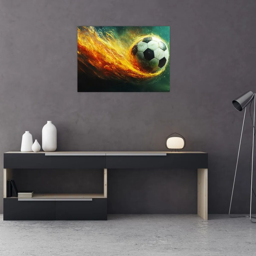 Tablou pe sticlă - Minge de Fotbal în Zbor (70x50 cm)