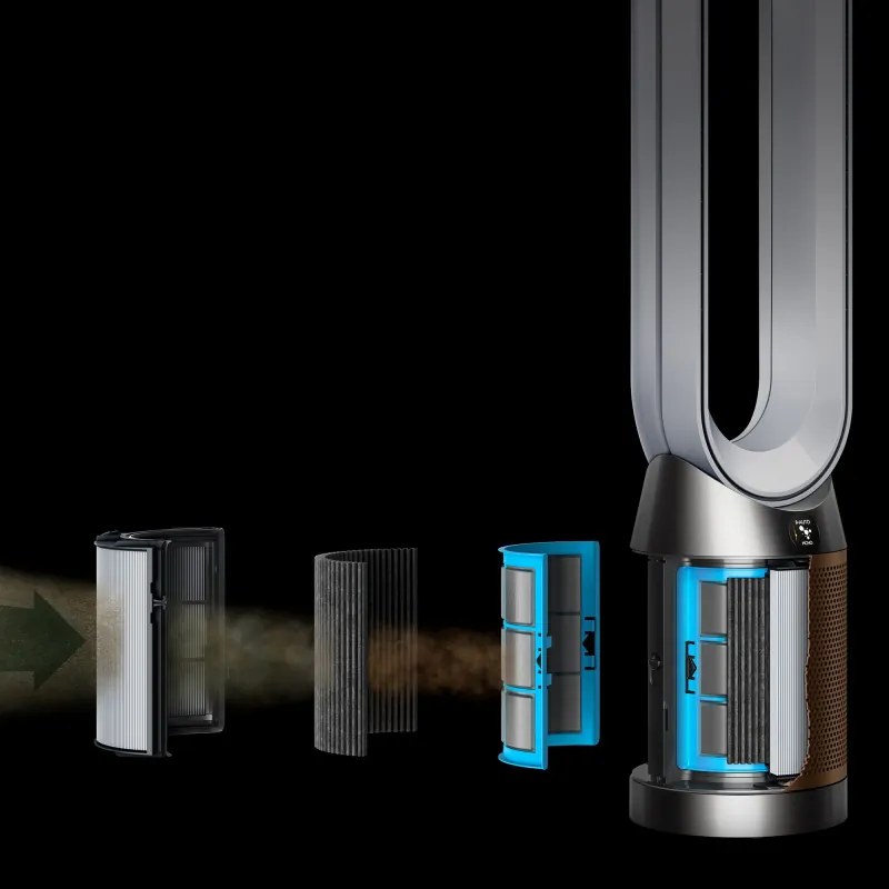 Resigilat: Purificator si racitor de aer Dyson Cool Formaldehyde™ TP09, 40W, 40 m², 10 viteze, Oscilatie, HEPA, Wi-Fi, LCD, Control vocal, Alb/Auriu