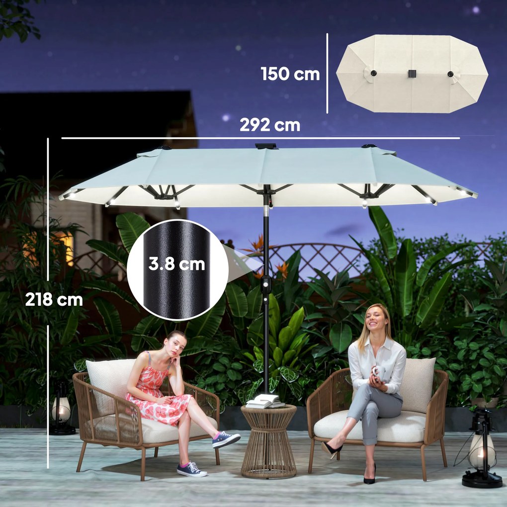 Outsunny Umbrelă dublă, umbrelă terasă, înclinabilă, cu panou solar, 35 LED-uri, cadru din oțel, bej, 2,92 x 1,50 x 2,18 m | Aosom Romania