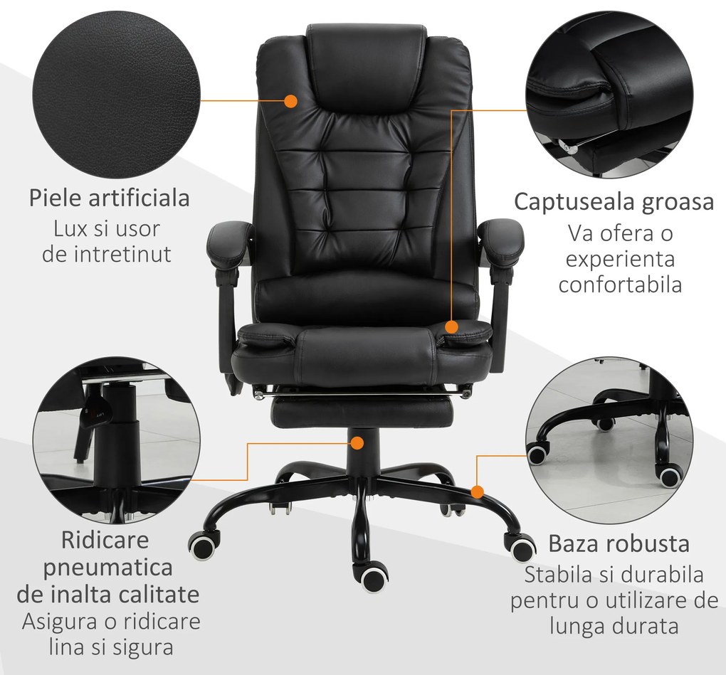 Fotoliu de birou cu masaj cu 7 puncte de vibrație, ergonomic cu suport pentru picioare și spătar înclinat la 155°, negru Vinsetto | Aosom Romania