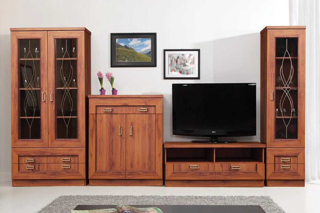 Mobilă pentru sufragerie Stanton B119Stejar vârstă, Cu comodă tv, Cu componente suplimentare, Părți separate, PAL laminat, Sticlă, 191x344x50cm, 209 kg
