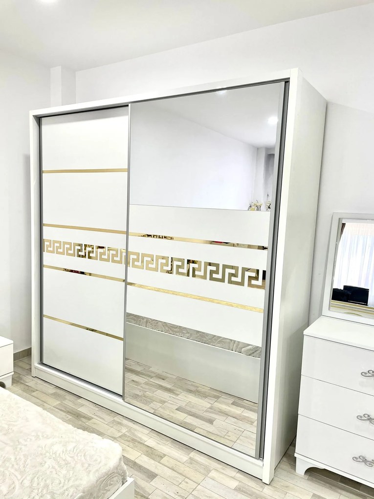 Dormitor Palermo, culoare alb, cu pat tapitat 160 x 200 cm, dulap cu 2 usi, comoda cu oglinda, 2 noptiere