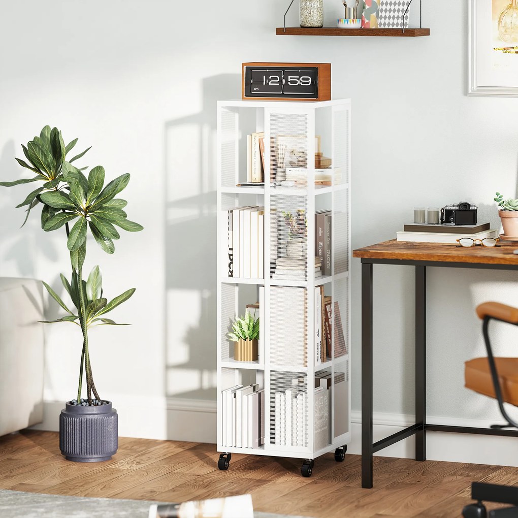 HOMCOM Bibliotecă Modernă cu 4 Rafturi și Roți, 35x35x129 cm, Alb | Aosom Romania