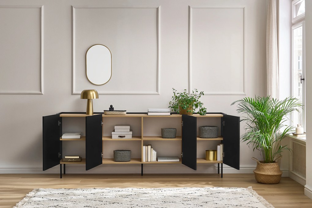 Comodă cu picioare metalice Desin 220 cm - negru mat / stejar nagano