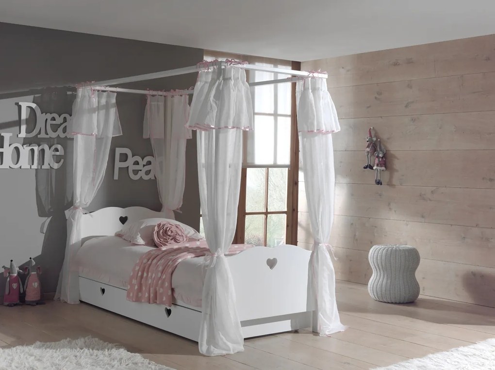 Set Pat cu Baldachin AMORI pentru Copii, 90x200 cm, Alb, cu Sertar și Set Textil Roz – Vipack