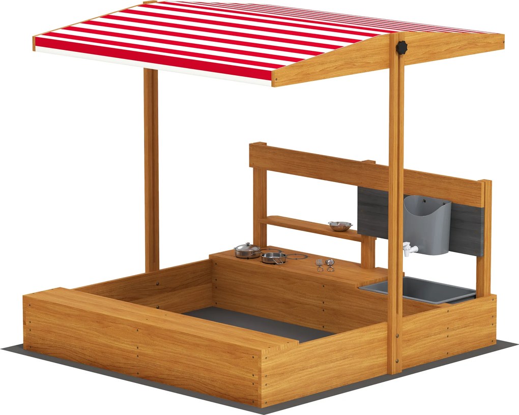 Outsunny Nisipar din lemn pentru copii cu copertină reglabilă și jucării de bucătărie Juego para Niños 3-7 Años 114x110x110 cm Maro | Aosom Romania