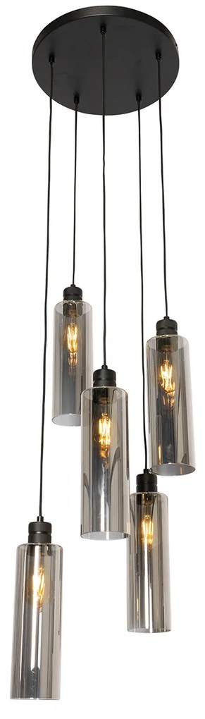 Lampă modernă suspendată neagră cu sticlă fumurie cu 5 lumini - Stavelot